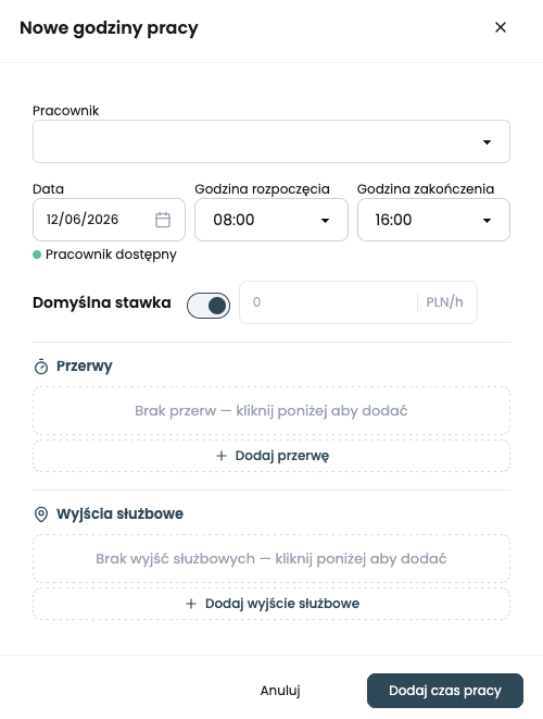 Formularz Nowe godziny pracy w Cheftly. Wpisywanie godzin, domyślnej stawki, przerw i wyjść służbowych