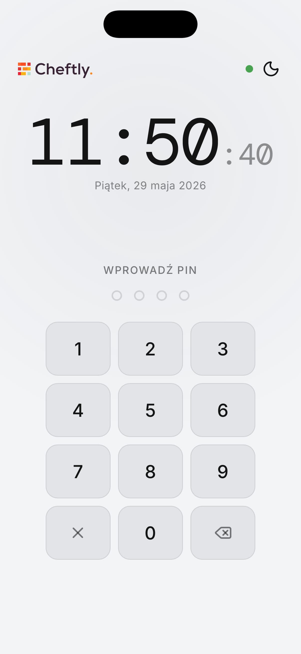 Terminal RCP Cheftly. Ekran wprowadzania indywidualnego PIN-u przez pracownika
