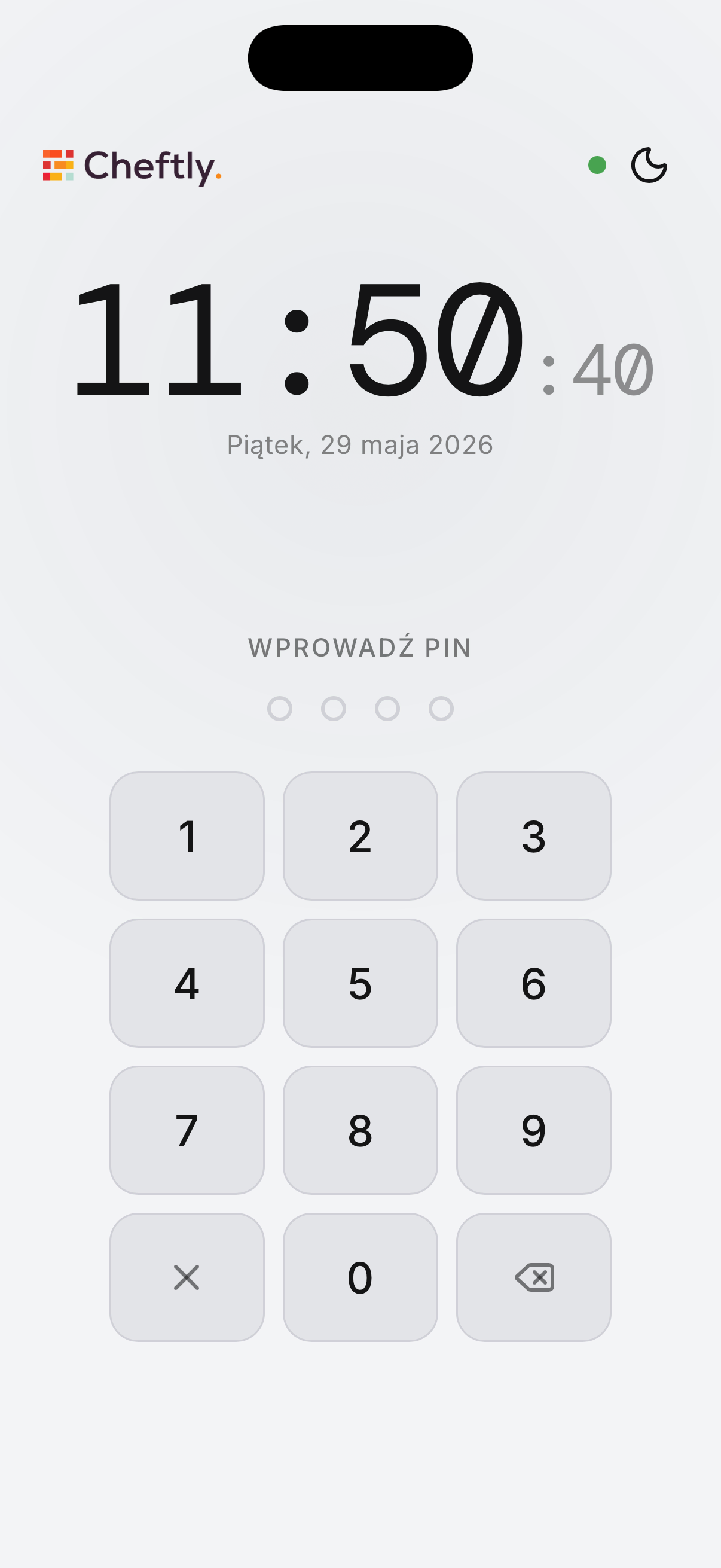 Terminal RCP Cheftly. Ekran wprowadzania PIN-u przez pracownika