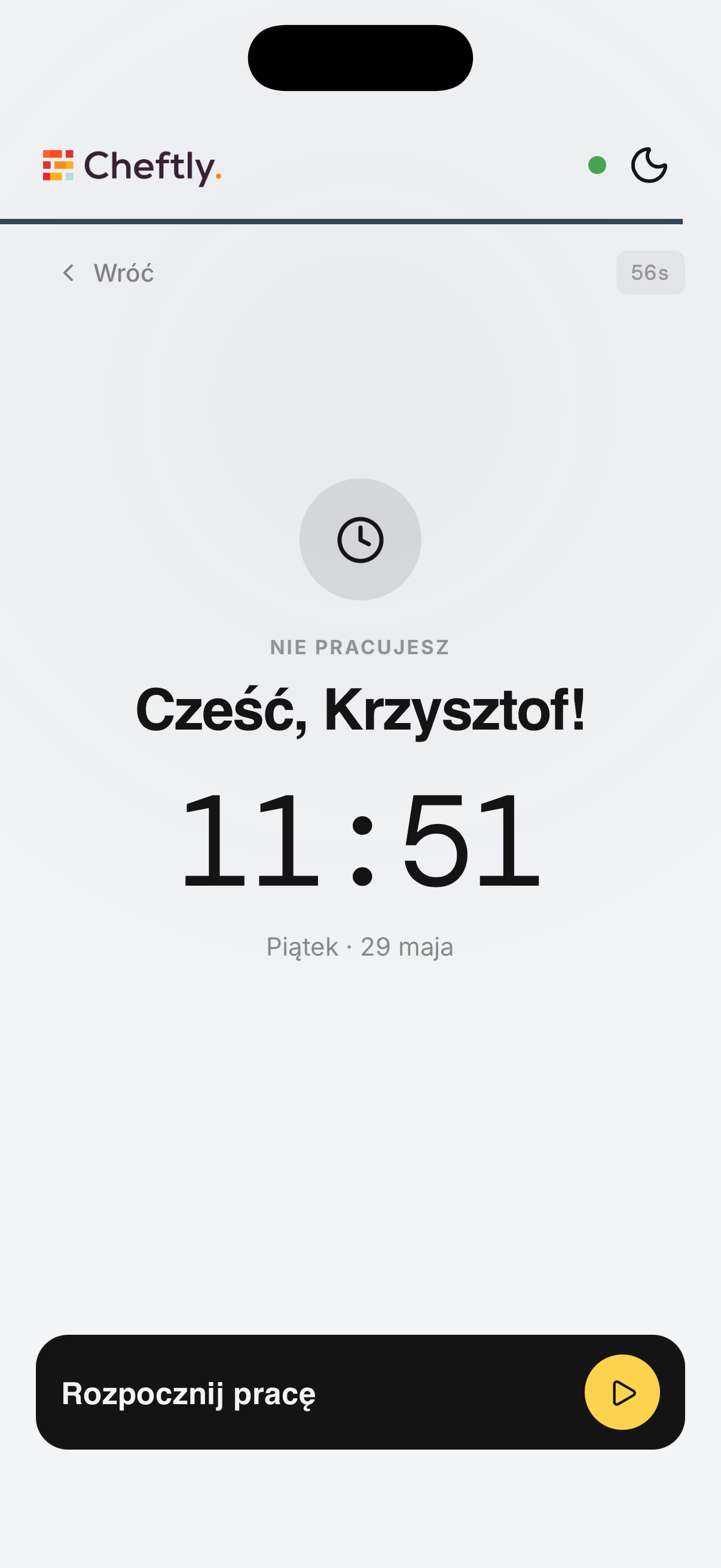 Terminal RCP Cheftly. Ekran pracownika gotowy do rozpoczęcia pracy z przyciskiem Rozpocznij pracę