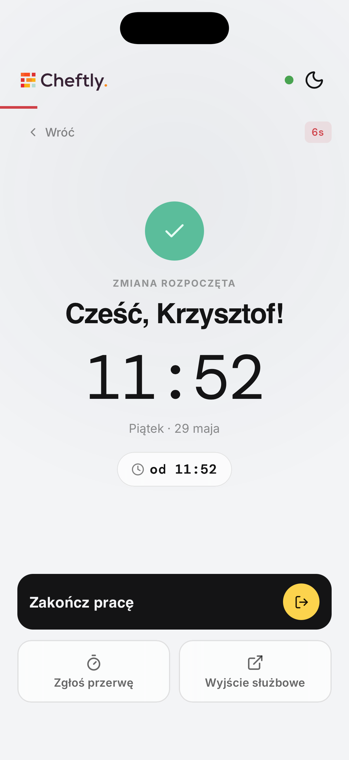 Terminal RCP Cheftly. Pracownik na zmianie z opcjami Zakończ pracę, Zgłoś przerwę i Wyjście służbowe